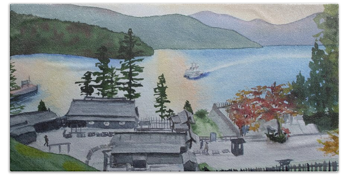 Hakone Hand Towel featuring the painting Hakone Checkpoint by Kelly Miyuki Kimura