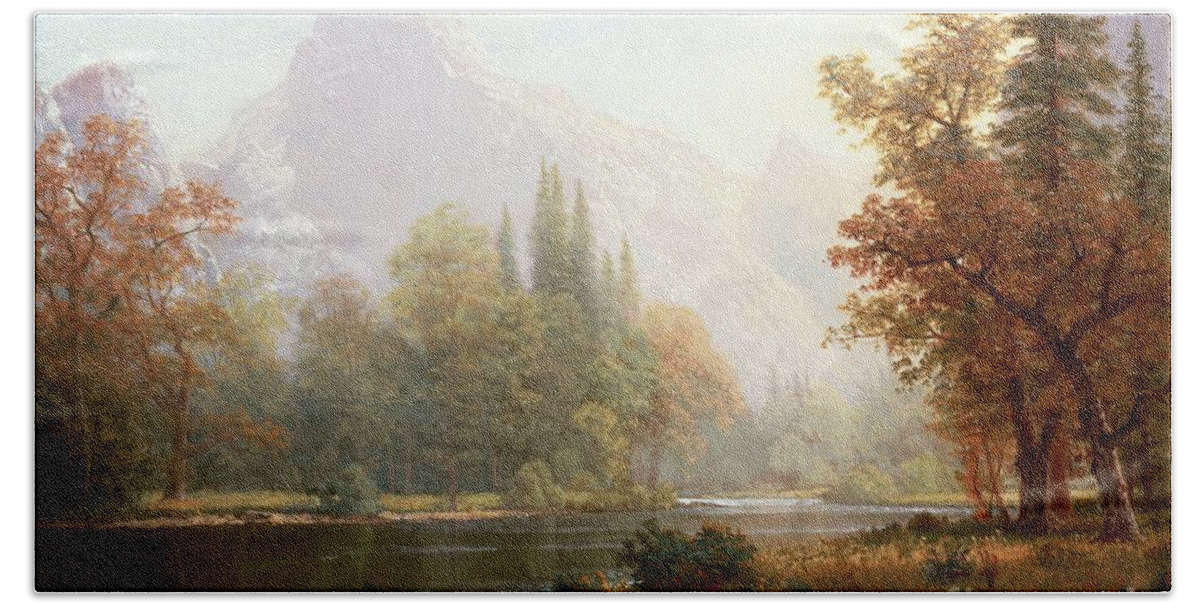 Albert Bierstadt Bath Sheet featuring the painting Half Dome Yosemite by Albert Bierstadt