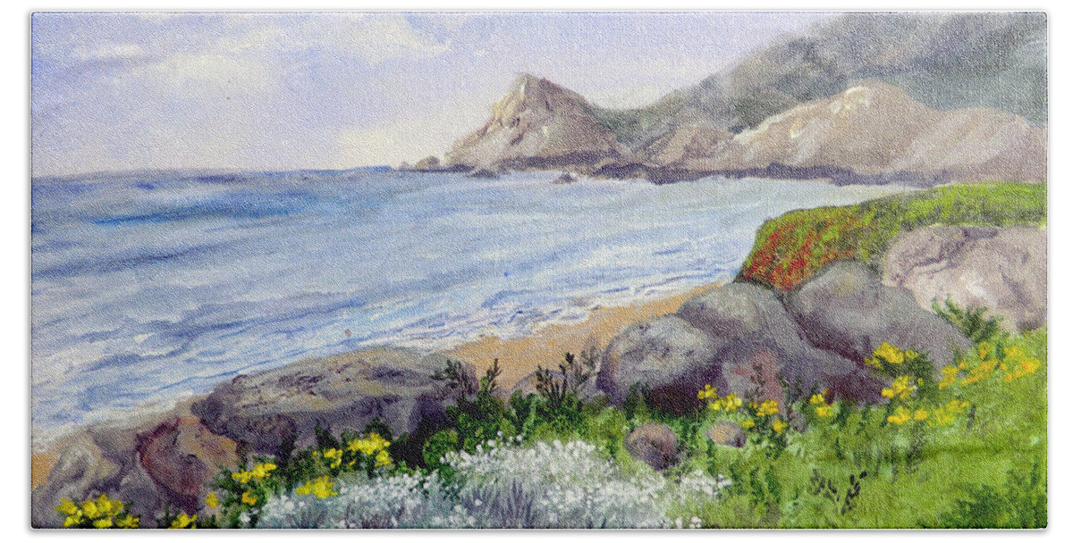 Bay Bath Sheet featuring the painting Half Moon Bay by Mary Palmer