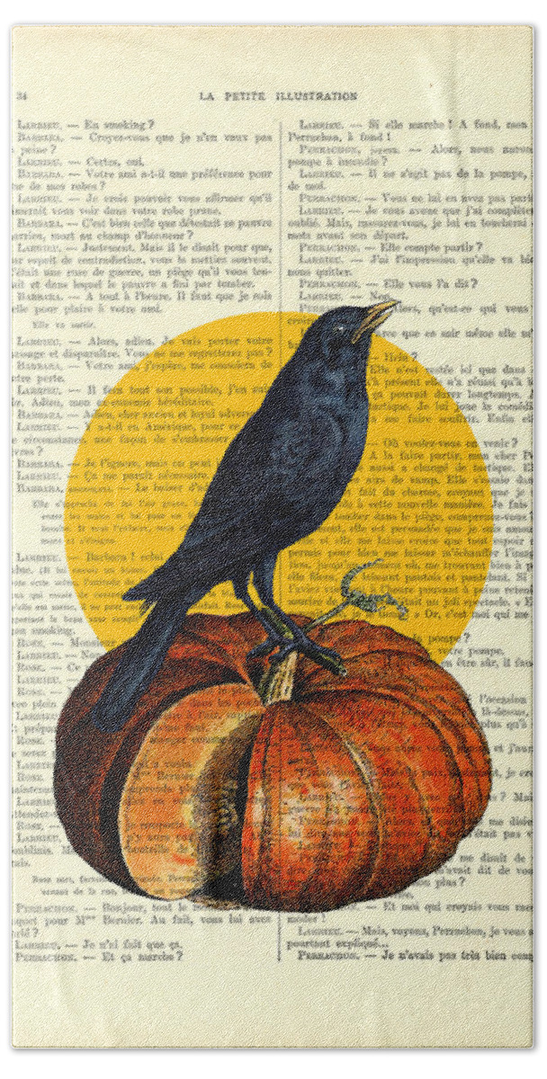 Crow Hand Towel featuring the digital art Halloween pumpkin and crow decoration by Madame Memento