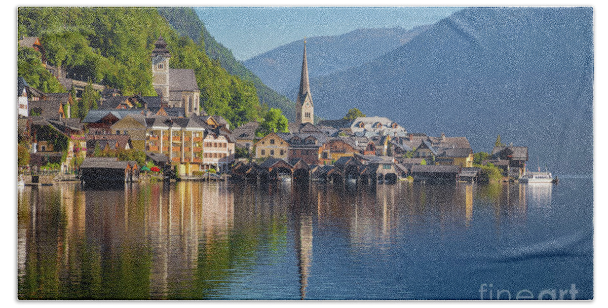 Alpine Hand Towel featuring the photograph Hallstatt Reflections by JR Photography