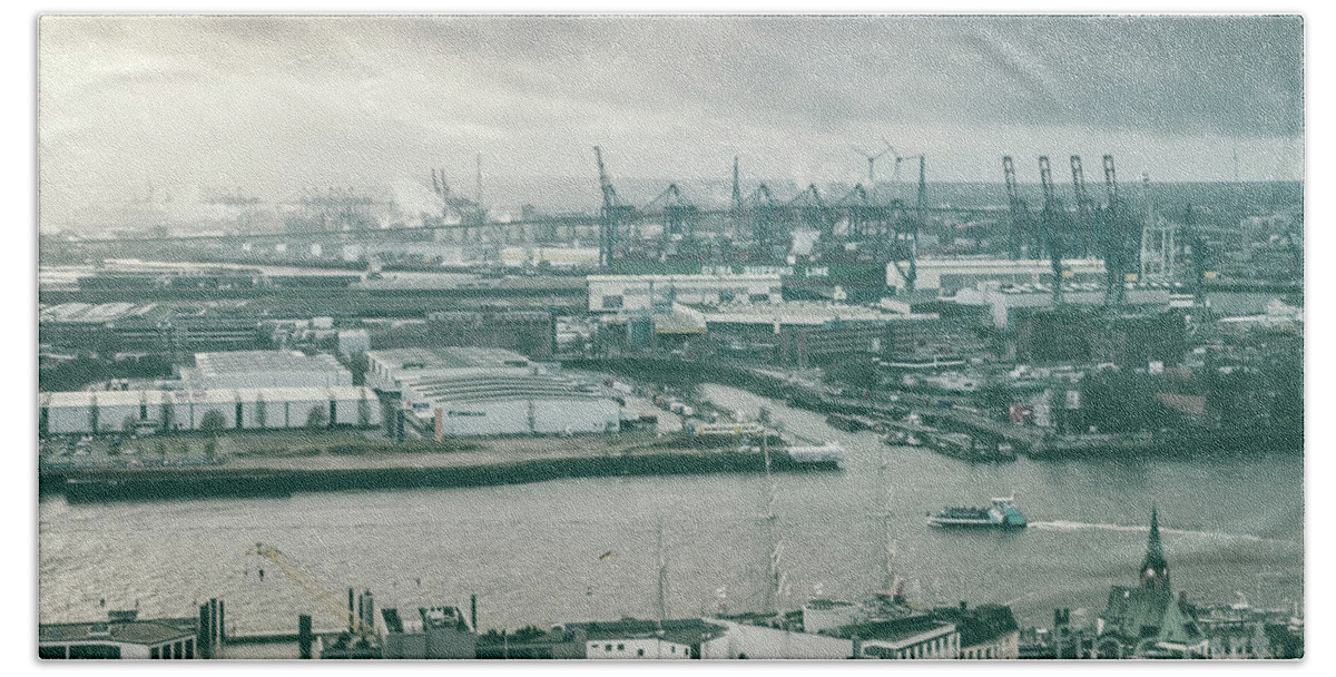 Monochtome Hand Towel featuring the photograph Hamburg Port by Marina Usmanskaya