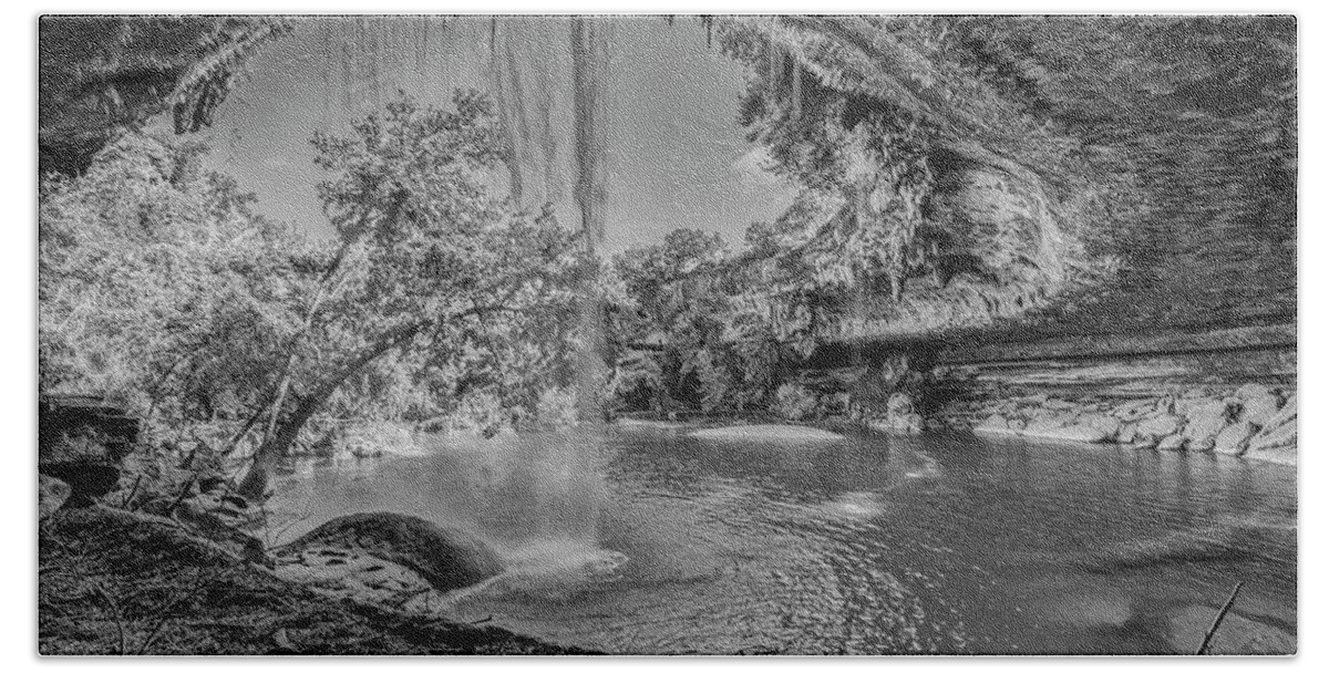 Hamilton Pool Hand Towel featuring the photograph Texas Oasis Black And White by Jonathan Davison