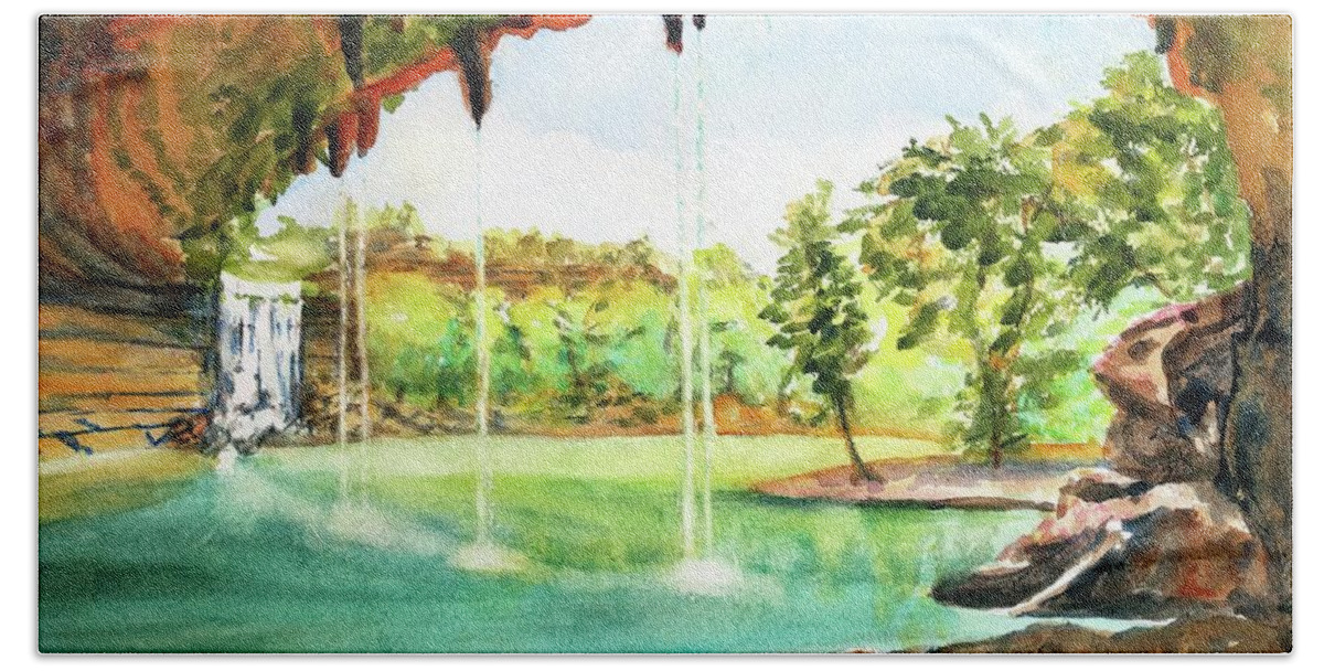 Hamilton Pool Hand Towel featuring the painting Hamilton Pool Texas by Carlin Blahnik CarlinArtWatercolor