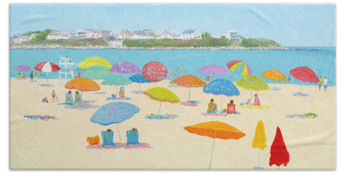 Hampton Beach Bath Towel featuring the painting Hampton Beach Umbrellas by Jan Matson