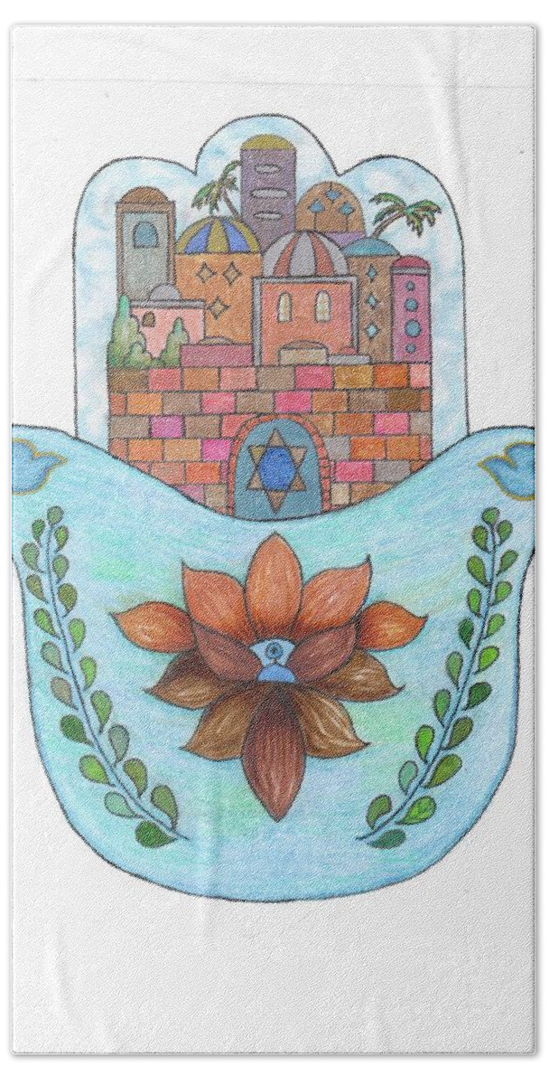  Hand Towel featuring the drawing Hamsa 13 by Suzanne Udell Levinger