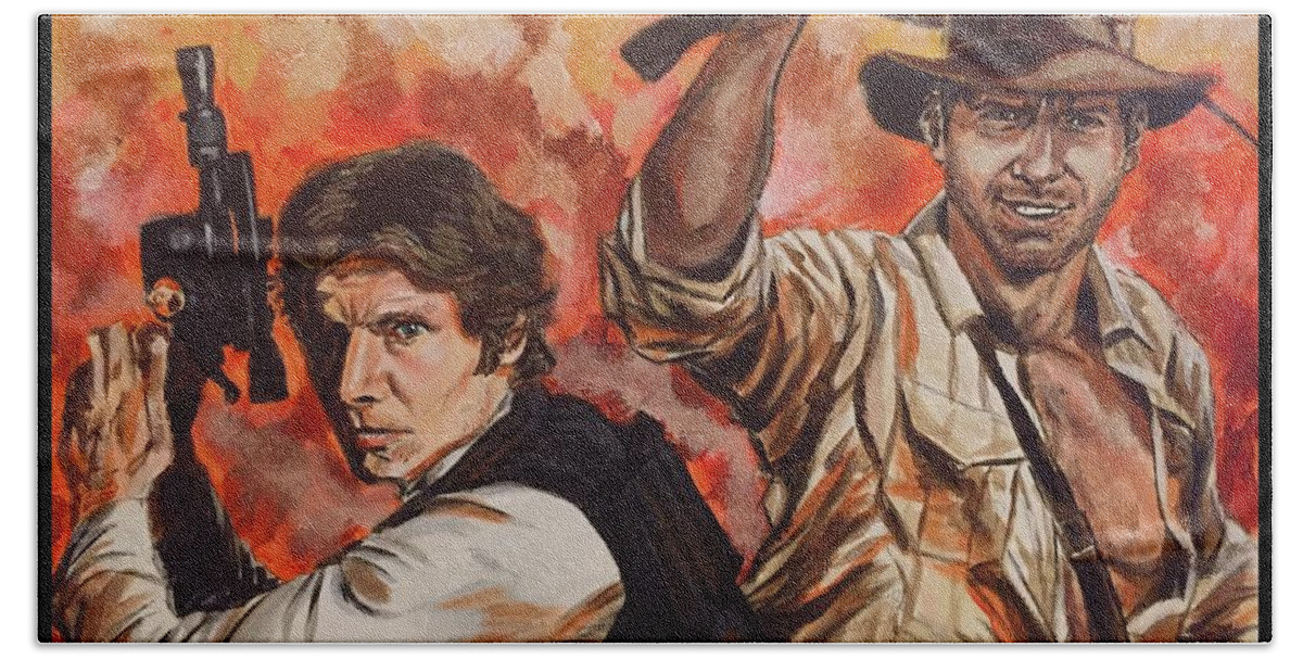 Han Solo Bath Towel featuring the painting Han Solo and Indiana Jones by Joel Tesch