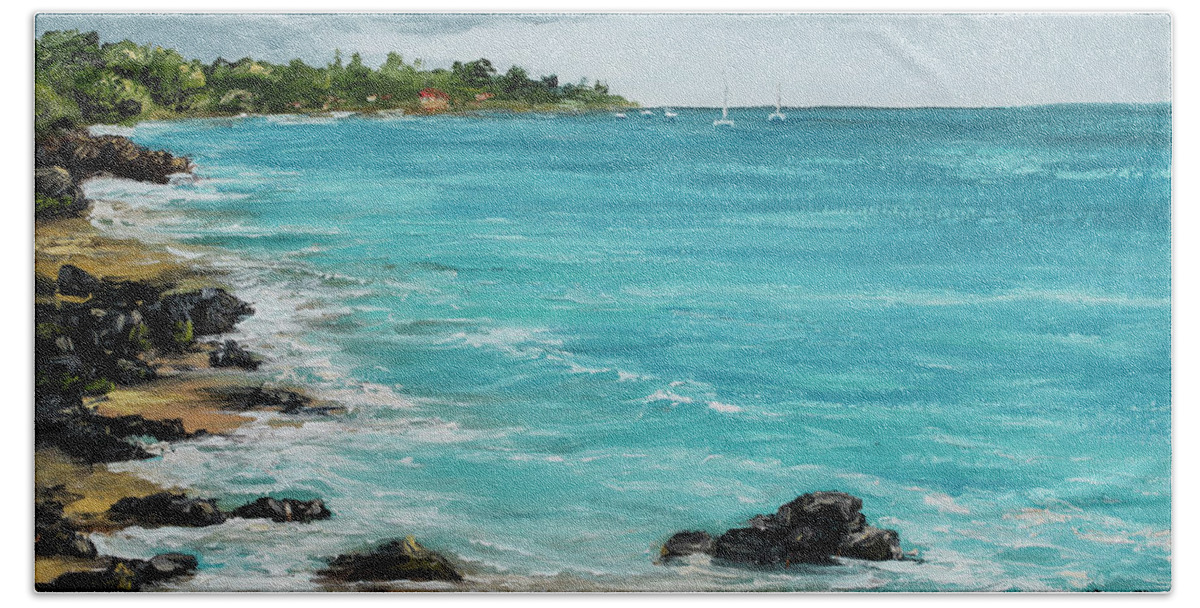 Landscape Hand Towel featuring the painting Hanakao'o Beach by Darice Machel McGuire