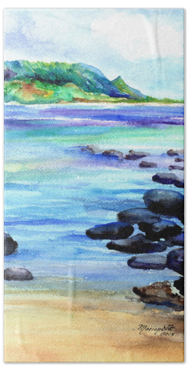 Hanalei Hand Towel featuring the painting Hanalei Bay Love by Marionette Taboniar