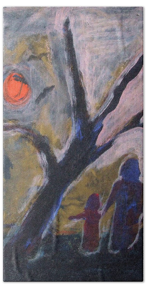 Katt Yanda Bath Towel featuring the painting Hand in Hand Walk Under the Moon by Katt Yanda
