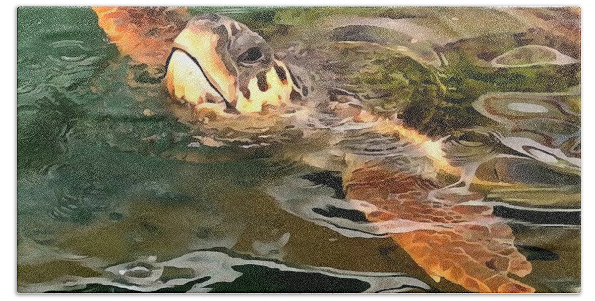 Animal Bath Towel featuring the painting Hands Up For A Plastic Free Ocean Loggerhead Turtle by Taiche Acrylic Art