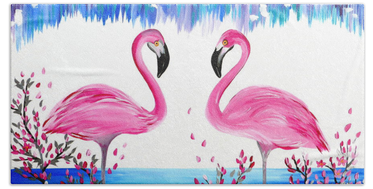 Flamingo Art Hand Towel featuring the painting Hanging With You by Cathy Jacobs