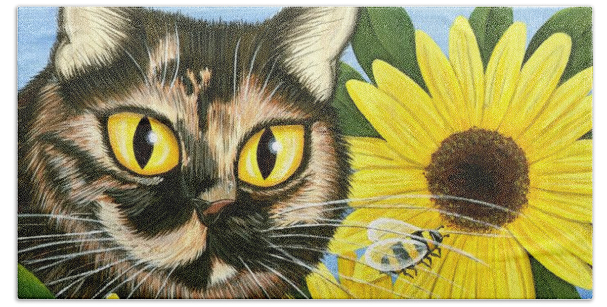 Tortoiseshell Cat Bath Towel featuring the painting Hannah Tortoiseshell Cat Sunflowers by Carrie Hawks