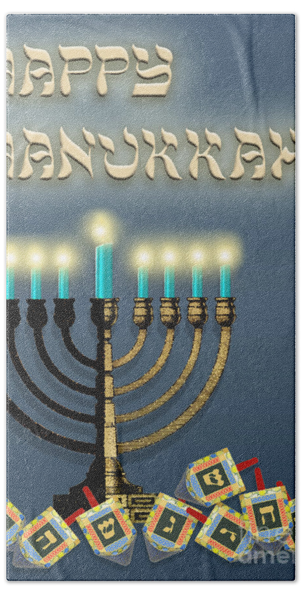 Hanukkah Hand Towel featuring the digital art Hanukkah Menorah and Dreidels by Melissa A Benson