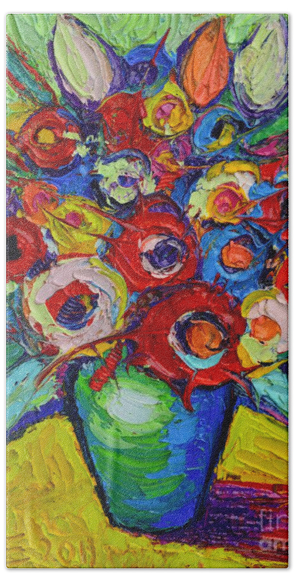 Abstract Bath Towel featuring the painting Happy Bouquet Of Poppies And Colorful Wildflowers On Round Yellow Table Impasto Abstract Flowers by Ana Maria Edulescu