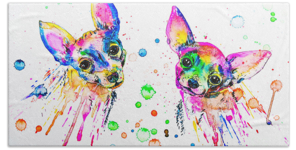Chihuahua Bath Towel featuring the painting Happy Chihuahuas by Zaira Dzhaubaeva