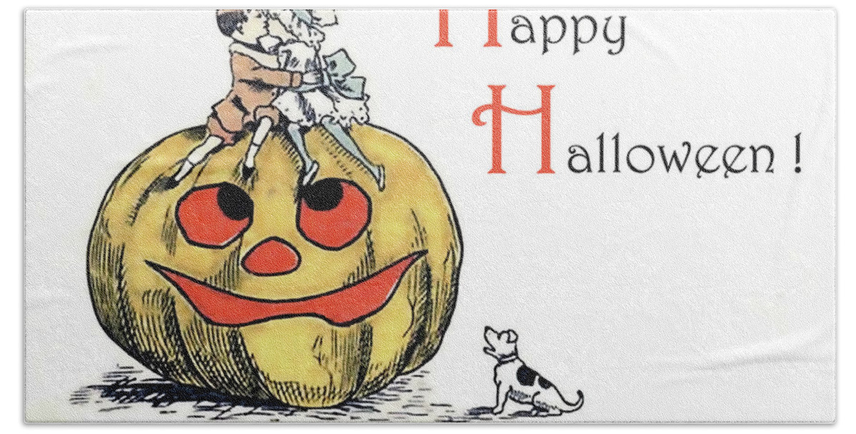 Vintage Postcard Bath Towel featuring the mixed media Happy couple on a big pumpkin by Long Shot