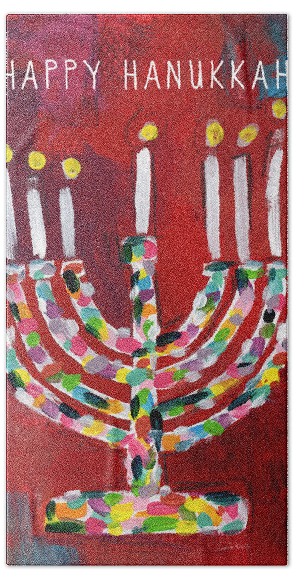Hanukkah Hand Towel featuring the painting Happy Hanukkah Colorful Menorah Card- Art by Linda Woods by Linda Woods