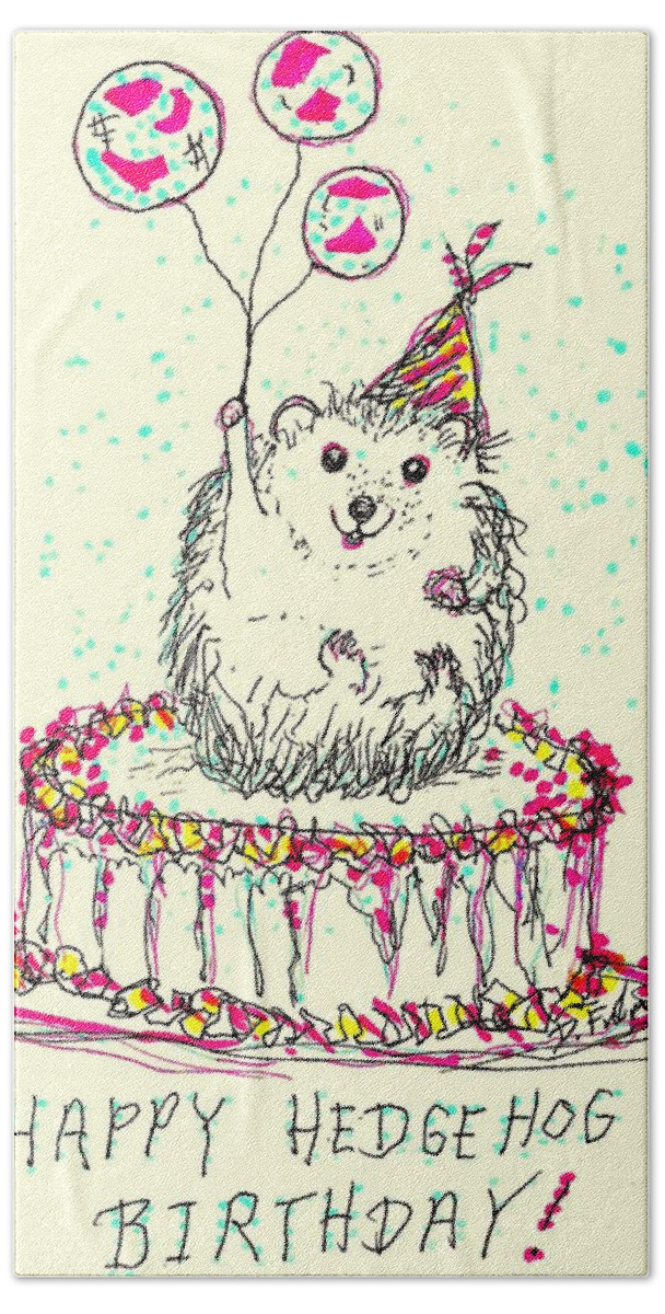 Hedgehog Bath Towel featuring the drawing Happy Hedgehog Birthday by Denise F Fulmer