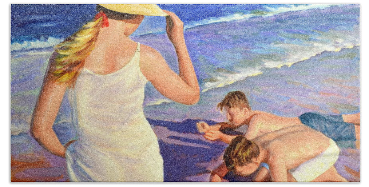 Seascape Hand Towel featuring the painting Happy Moment by Ningning Li