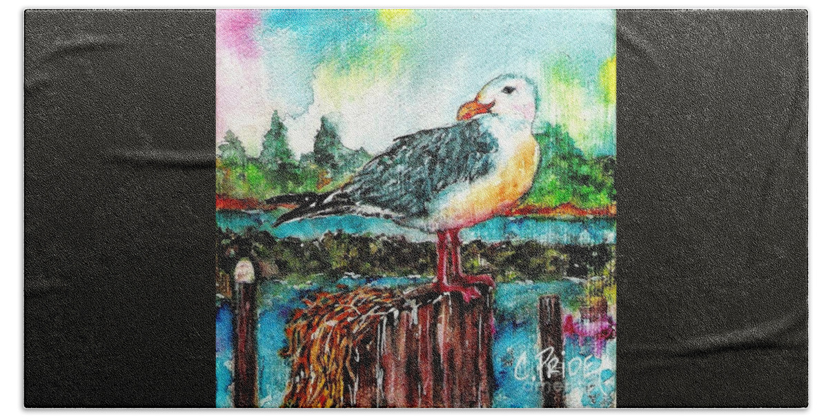 Cynthia Pride Watercolor Paintings Hand Towel featuring the painting Happy Seagull Perch by Cynthia Pride