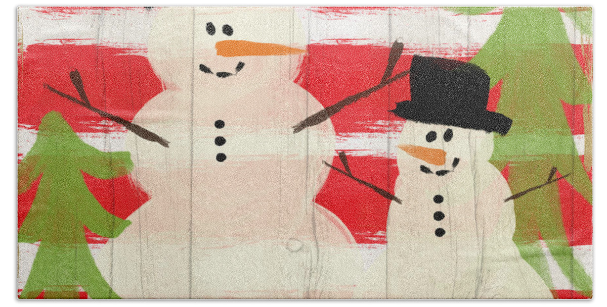 Snowman Bath Sheet featuring the painting Happy Snowmen- Art by Linda Woods by Linda Woods