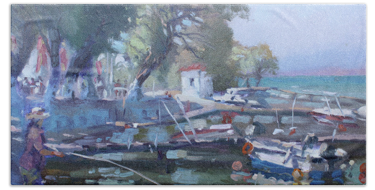 Harbor Hand Towel featuring the painting Harbor at Dilesi Greece by Ylli Haruni