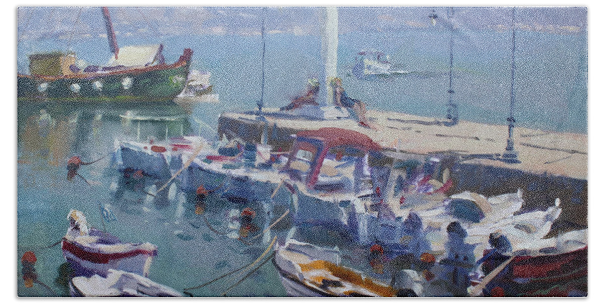 Harbor Hand Towel featuring the painting Harbor at Oropos Athens by Ylli Haruni
