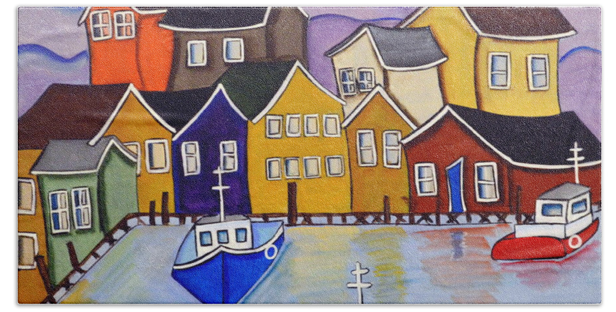 Abstract Hand Towel featuring the painting Harbour Village by Heather Lovat-Fraser