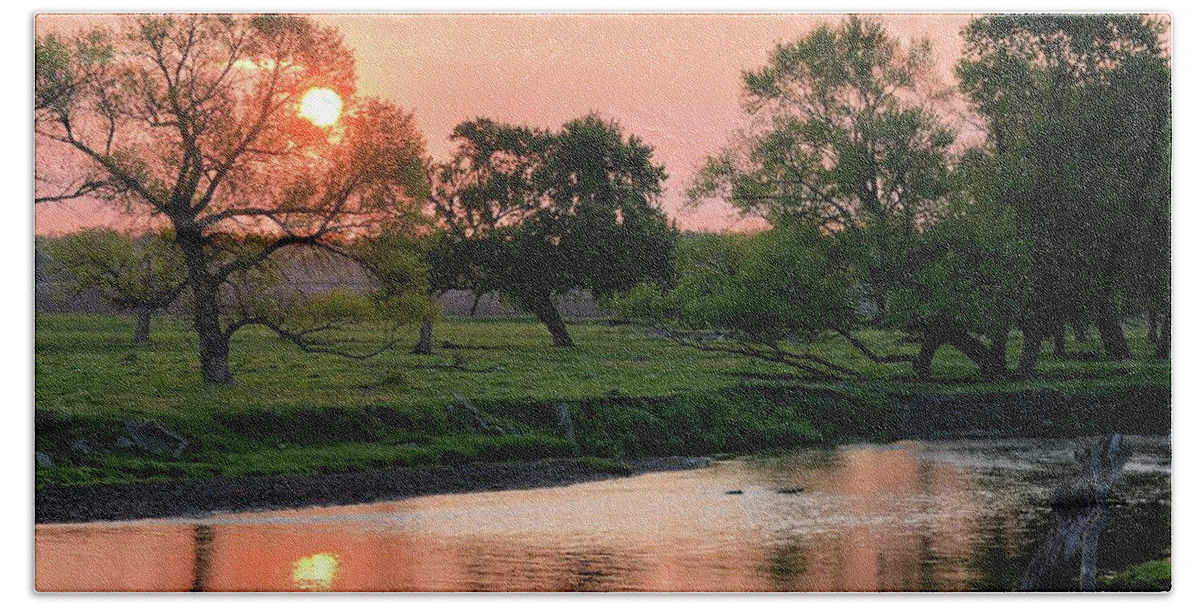River Hand Towel featuring the photograph Hargrave Creek Sunrise by Bonfire Photography