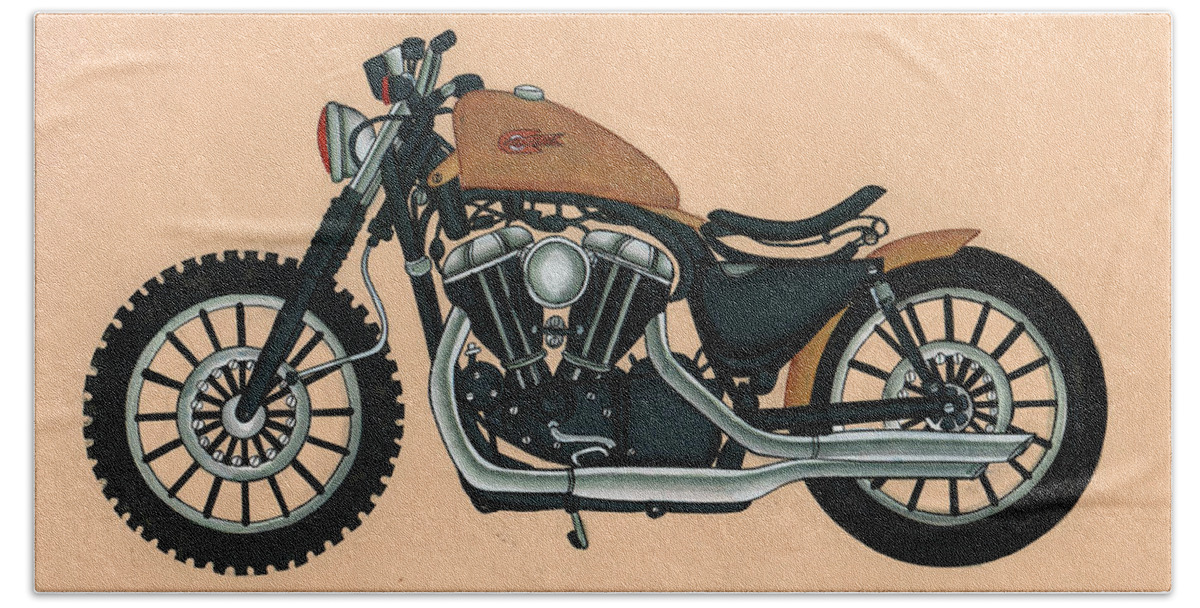 Harley Davidson Model Bath Towel featuring the painting Harley - Davidson Old Bykes,Antique Vintage by A K Mundra