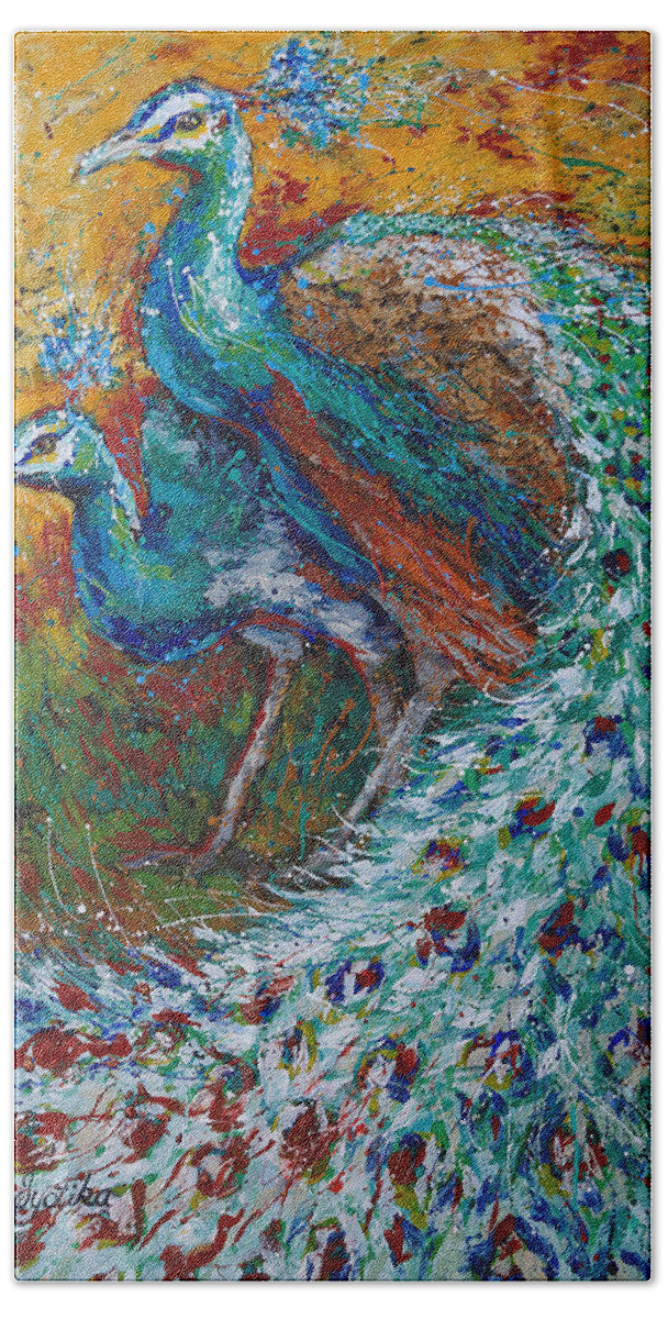 Peacock And Peahen Bath Towel featuring the painting Harmonious by Jyotika Shroff