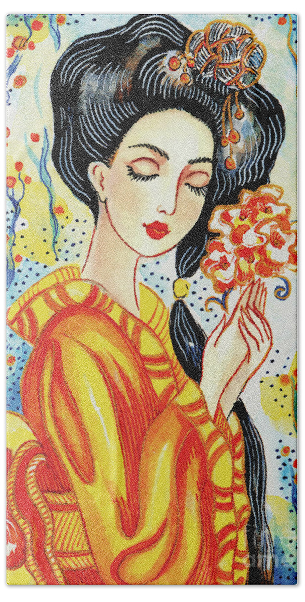 Woman And Flower Hand Towel featuring the painting Harmony Flower by Eva Campbell
