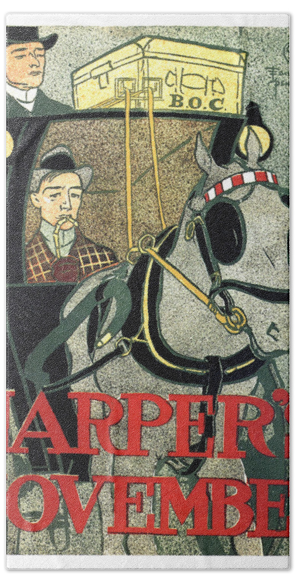 Harper's Magazine Bath Towel featuring the mixed media Harper's Magazine - Magazine Cover - November - Vintage Art Nouveau Poster by Studio Grafiikka