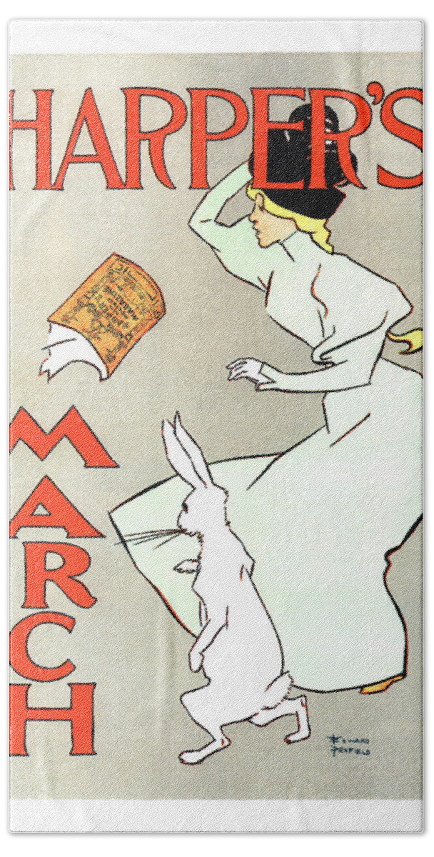 Harper's Magazine Hand Towel featuring the mixed media Harper's Magazine - March - Vintage Art Nouveau Poster by Studio Grafiikka