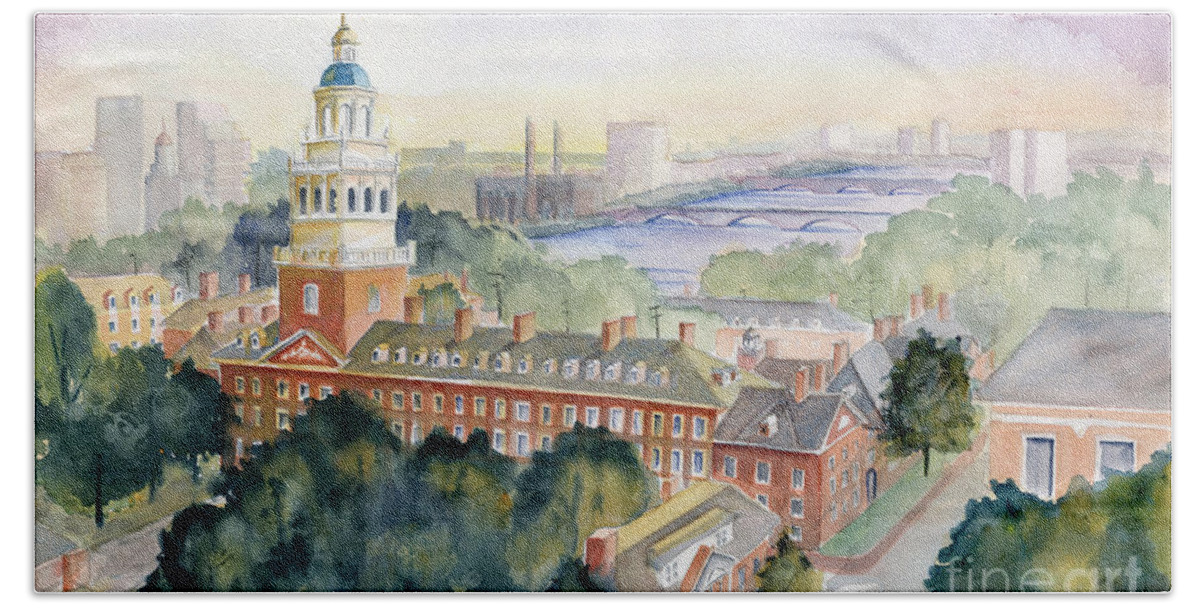 Harvard Hand Towel featuring the painting Harvard University by Melly Terpening
