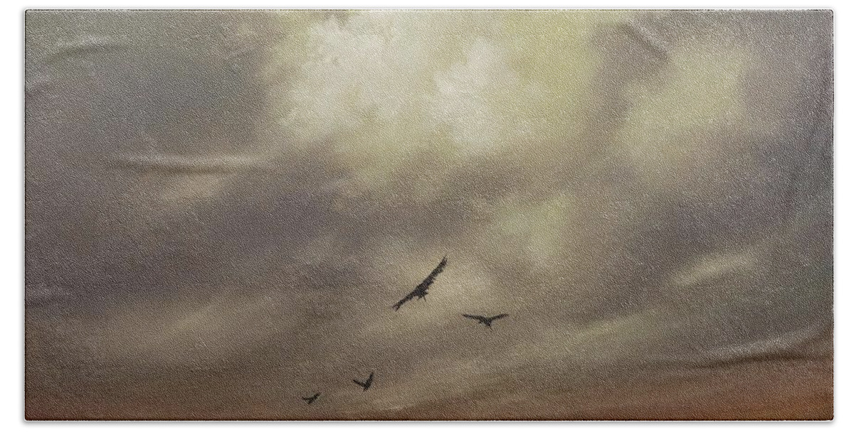 Contemporary Landscape; Orange And Gold; Billowing Clouds; Soaring Birds; Tom Shropshire Painting Hand Towel featuring the painting Harvest Gold by Tom Shropshire