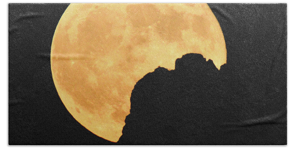 Harvest Hand Towel featuring the photograph Harvest Moon Rising Superstition Mountain by Joanne West