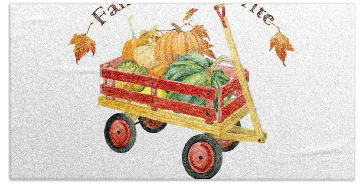 Fall Is My Favorite Bath Towel featuring the painting Harvest Red Wagon Pumpkins n Leaves by Audrey Jeanne Roberts