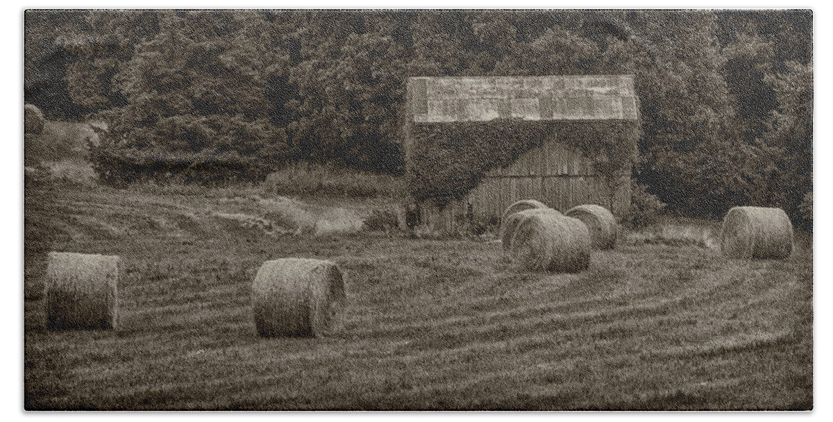 Harvest Bath Towel featuring the photograph Harvested Hay Bales and Shed DSC05938 by Greg Kluempers