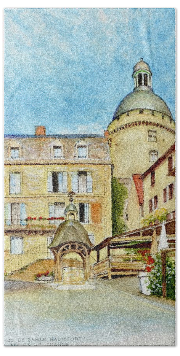 Village Bath Towel featuring the painting Hautefort chateau and village well by Dai Wynn