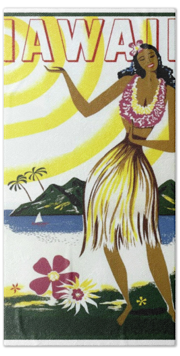 Hawaii Hand Towel featuring the painting Hawaii, Hula girl, tropic beach, travel poster by Long Shot