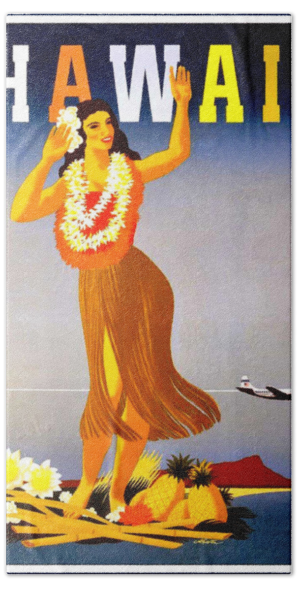Hawaii Bath Towel featuring the painting Hawaii, Hula girl welcome by Long Shot