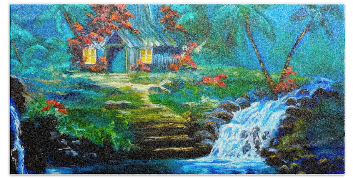 Waterfalls Hand Towel featuring the painting Hawaiian Hut and Waterfalls by Jenny Lee