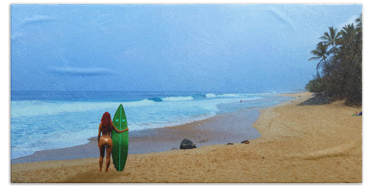 Oahu Hand Towel featuring the photograph Hawaiian Surfer Girl by Michael Rucker