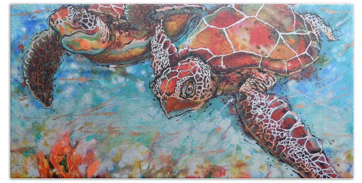 Marine Turtles Bath Towel featuring the painting Hawksbill Sea Turtles by Jyotika Shroff