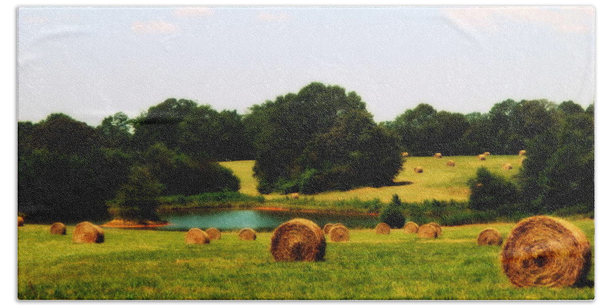 Hay Bath Towel featuring the photograph Hay and Lake Summer by Kathy Barney