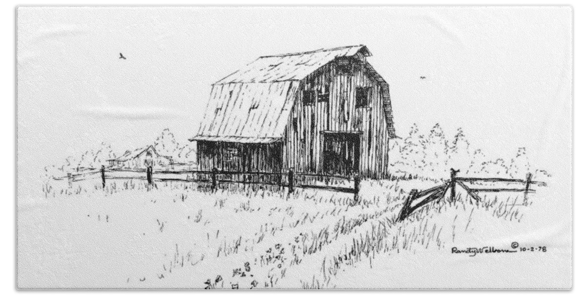 Hay Hand Towel featuring the drawing Hay Barn with Broken Gate by Randy Welborn