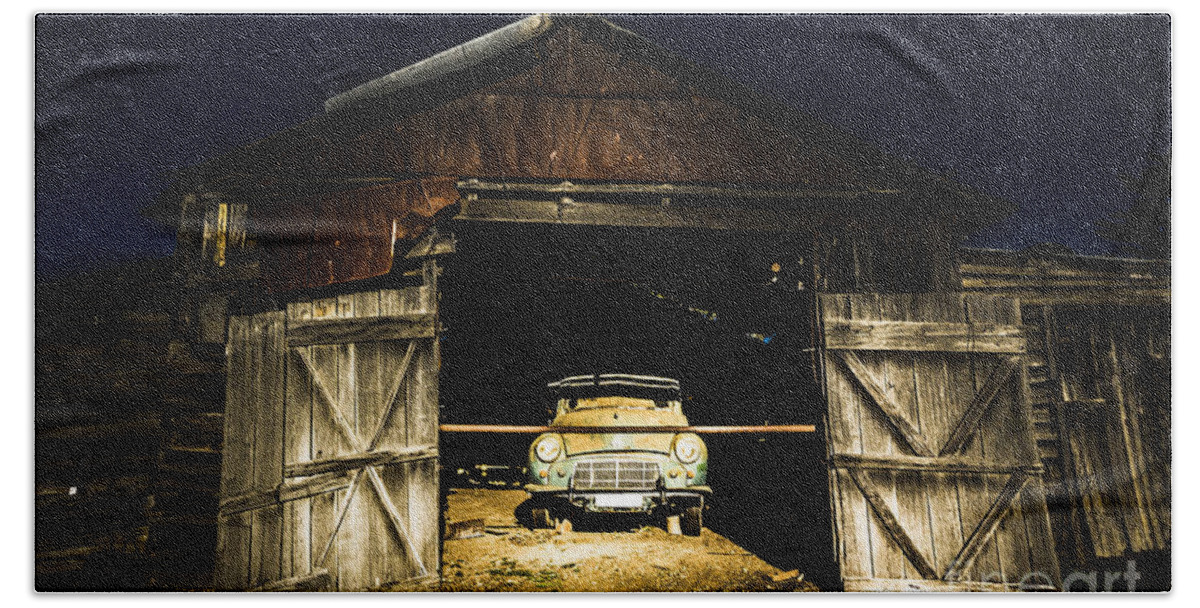 Shack Bath Towel featuring the photograph Hay hut garaging a vintage car by Jorgo Photography