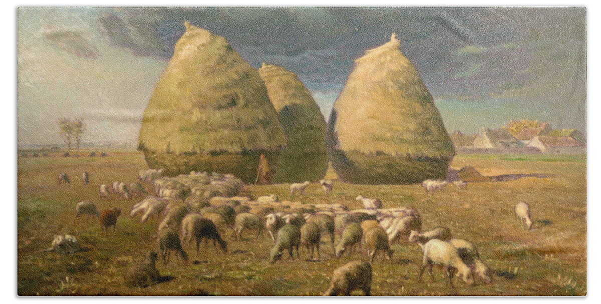 Jean Francois Millet Hand Towel featuring the painting Haystacks. Autumn by Jean Francois Millet